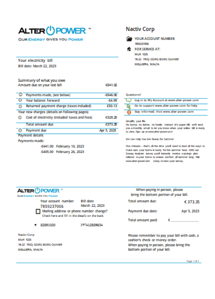 Professionelle Herunterladen AlterPower Malta Nachweis von Adresse Utility Geschäftlich Bill, SCR Photoshop Vorlage