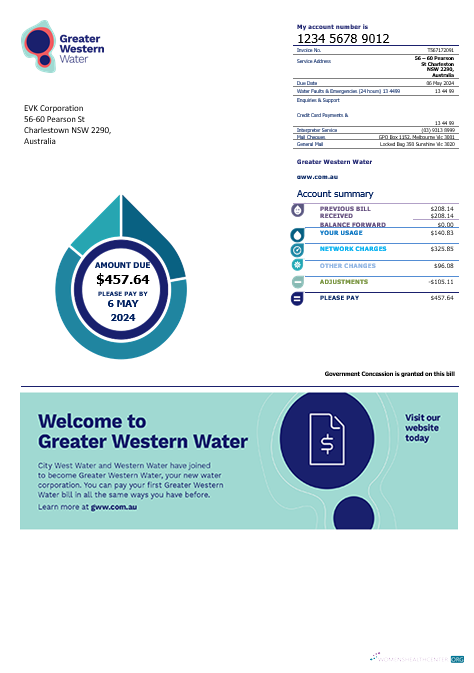 Hochwertige Herunterladen Australien Greater Western Wasser Geschäftlich Nebenkostenabrechnung Vorlage in Photoshop Vorlage
