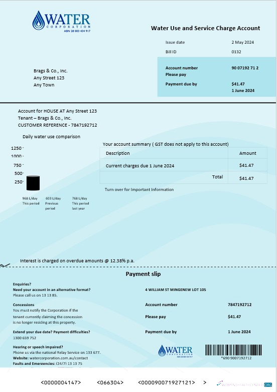 Professionelle Herunterladen Australien Wasser Konzern WA Geschäftlich Nebenkostenabrechnung Word und PDF. Doc Photoshop Vorlage