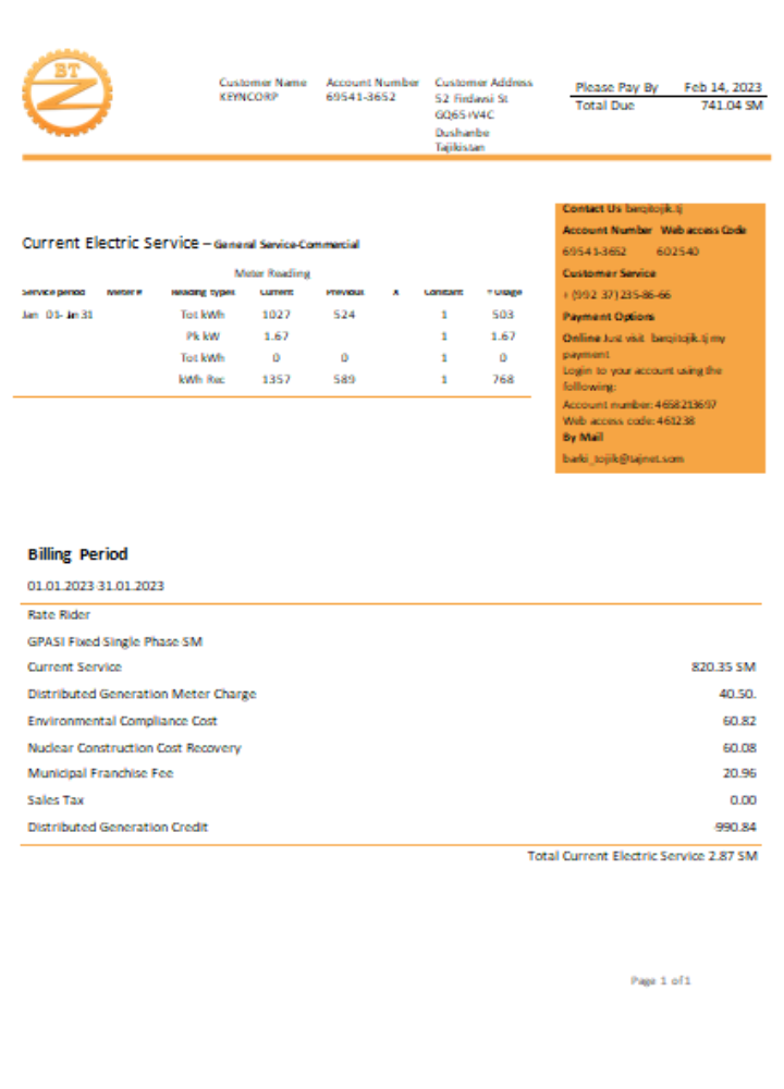 Editierbare Herunterladen Barqi Tojik Unternehmen Strom Geschäftlich Bill, SCR Photoshop Vorlage