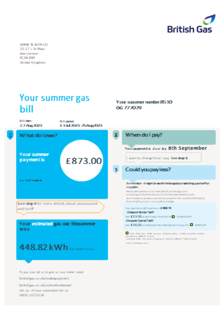 Premium Herunterladen British Gas Utility Geschäftlich Bill, SCR, Seite 1 Photoshop Vorlage