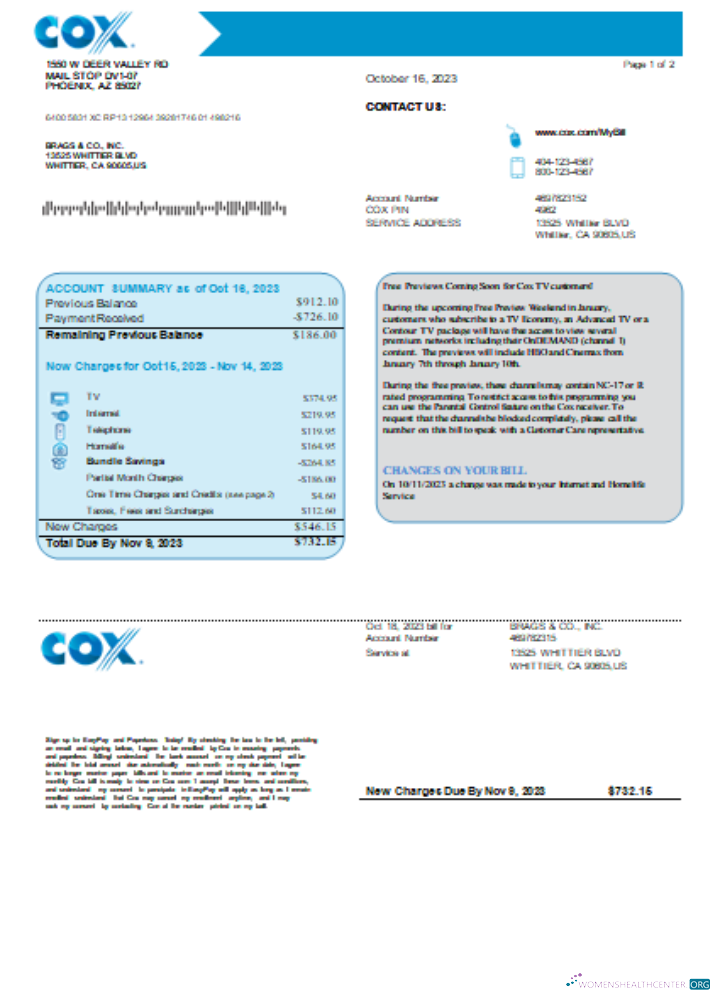 Editierbare Herunterladen COX Utility Geschäftlich Bill, Page1, SCR Photoshop Vorlage