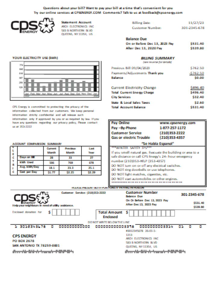 Editierbare Herunterladen CPS Energy Utility Geschäftlich Bill, SCR Photoshop Vorlage