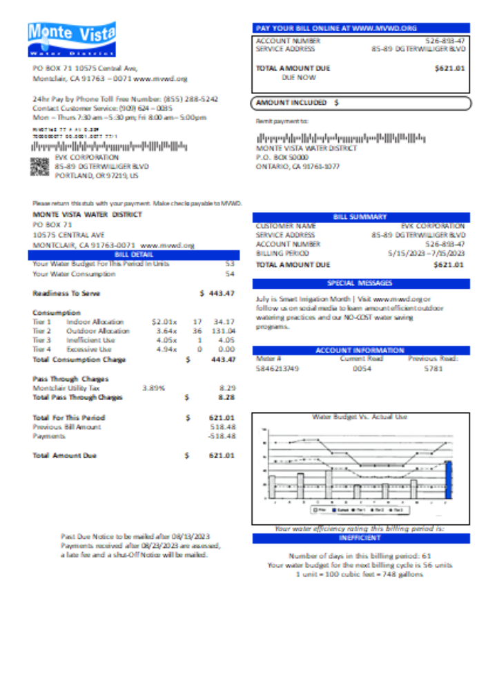 Hochwertige Herunterladen California Monte Vista Wasser Bezirk Utility Geschäftlich Bill, SCR Photoshop Vorlage
