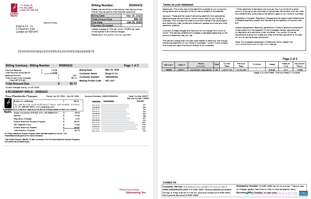 Realistische Herunterladen Kanada Ontario London Hydro Geschäftlich Nebenkostenabrechnung Word und PDF Vorlage Photoshop Vorlage