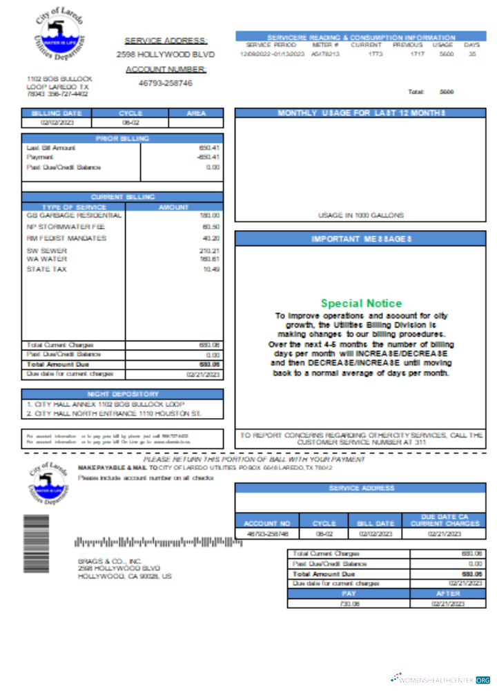 Hochwertige Herunterladen Stadt von Laredo Utilities Abteilung Wasser Utility Geschäftlich Bill, SCR Photoshop Vorlage