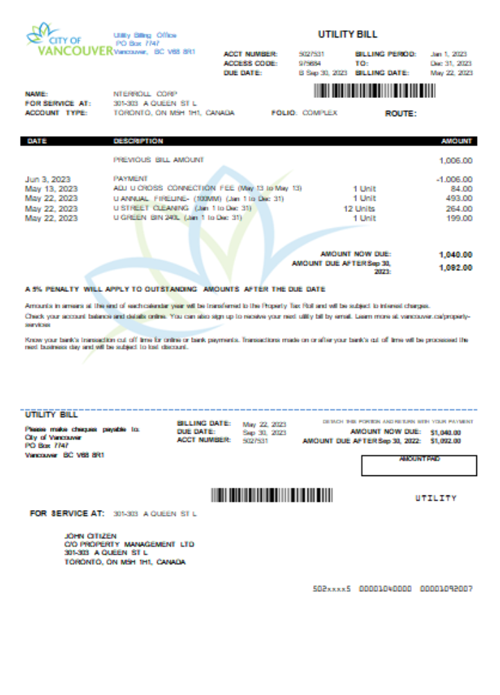 Premium Herunterladen Stadt von Vancouver Utility Geschäftlich Bill, SCR Photoshop Vorlage