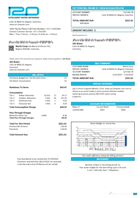 Professionelle Herunterladen Kolumbien I2O Wasser Geschäftlich Nebenkostenabrechnung Vorlage in Word und PDF Formats Photoshop Vorlage