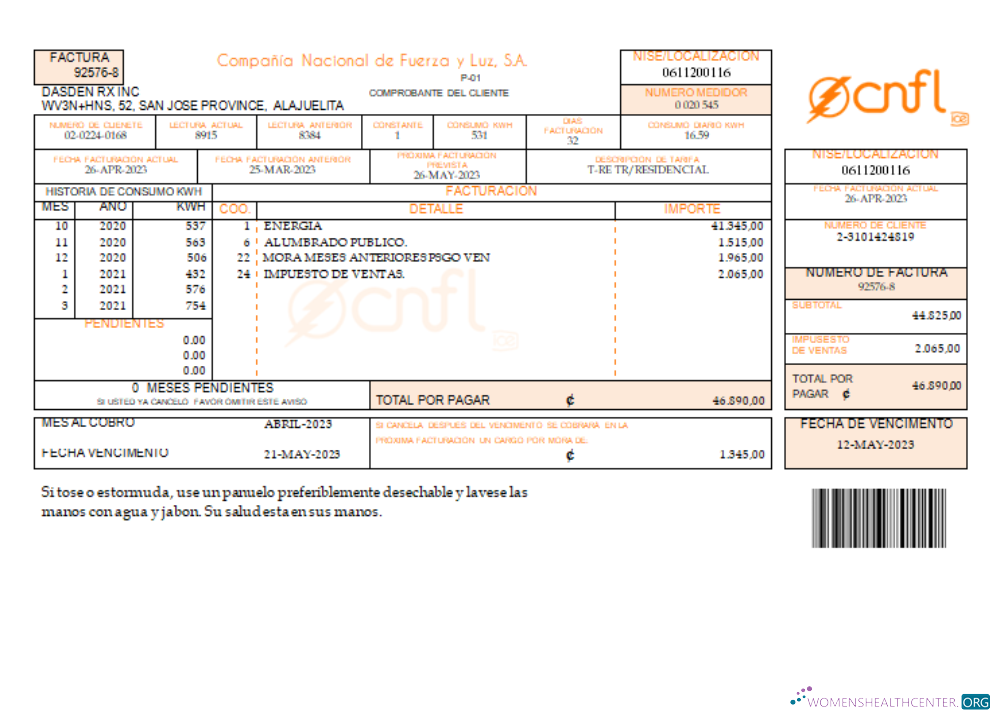 Editierbare Herunterladen Compañía Nacional de Fuerza Y Luz, S.A. (CNFL) Utility Geschäftlich Bill, SCR Photoshop Vorlage