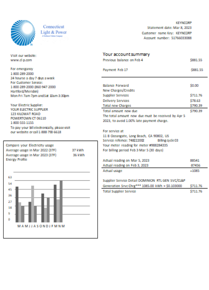 Premium Herunterladen Connecticut Light & Power Strom Utility Geschäftlich Bill, SCR Photoshop Vorlage