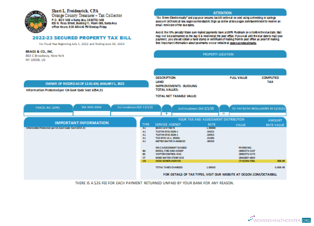 Editierbare Herunterladen County von Orange California Property Tax Geschäftlich Bill, SCR Photoshop Vorlage