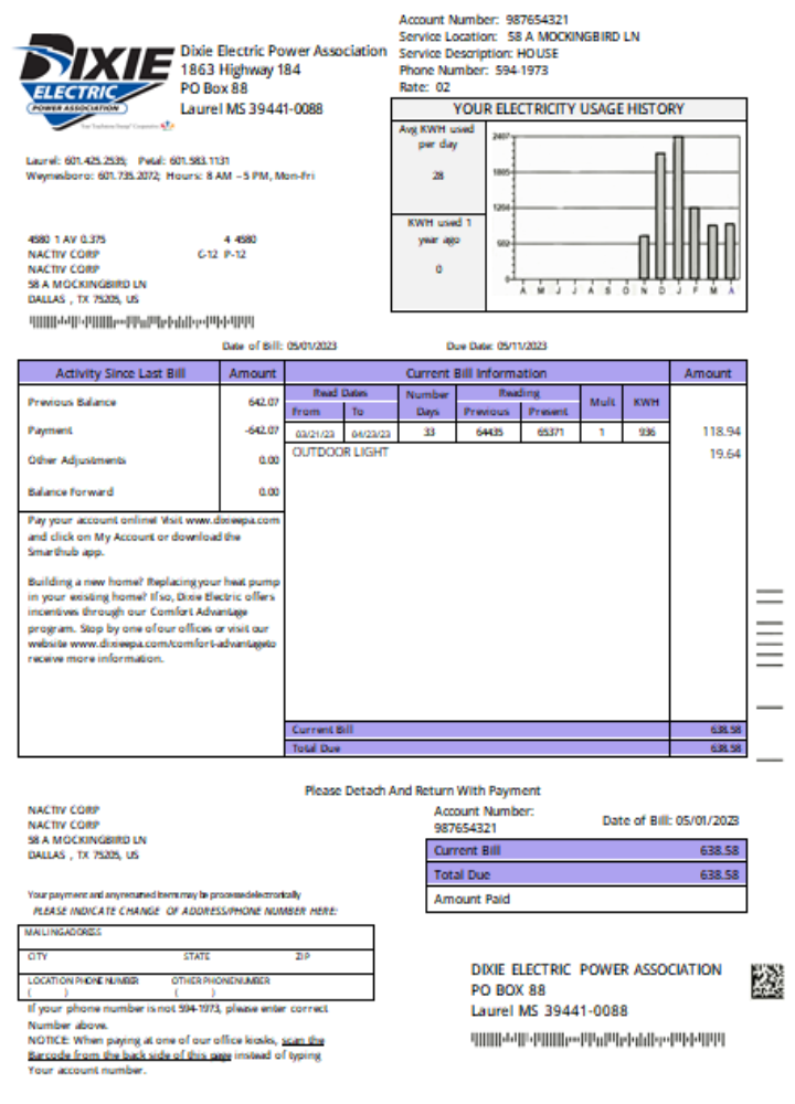 Hochwertige Herunterladen Dixie Electric Utility Geschäftlich Bill, SCR Photoshop Vorlage