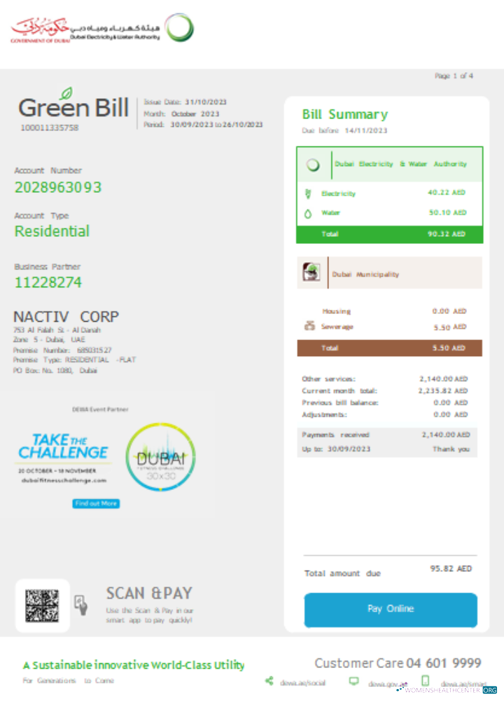 Premium Herunterladen Dubai Strom & Wasser Behörde Utility Geschäftlich Bill SCR Seite 1 Photoshop Vorlage