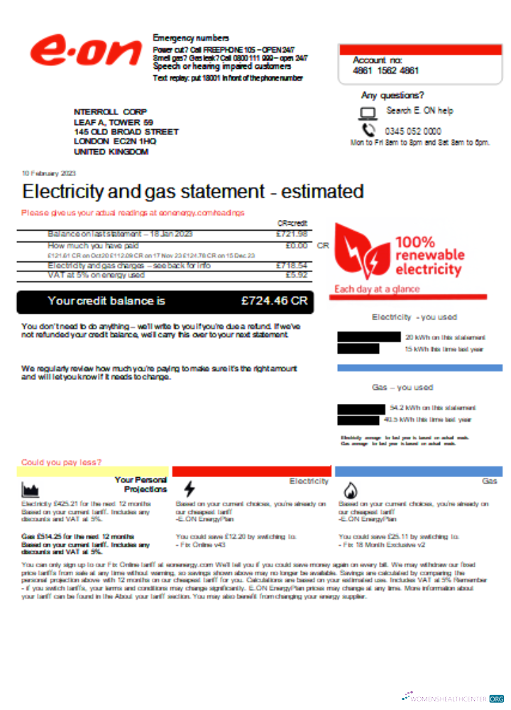 Realistische Herunterladen E.ON UK Utility Geschäftlich Bill, SCR1 Photoshop Vorlage