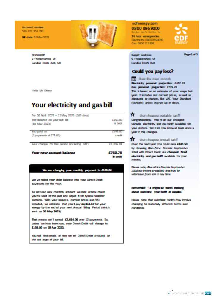 Editierbare Herunterladen EDF (UK) Utility Geschäftlich Bill SCR Seite 1 Photoshop Vorlage