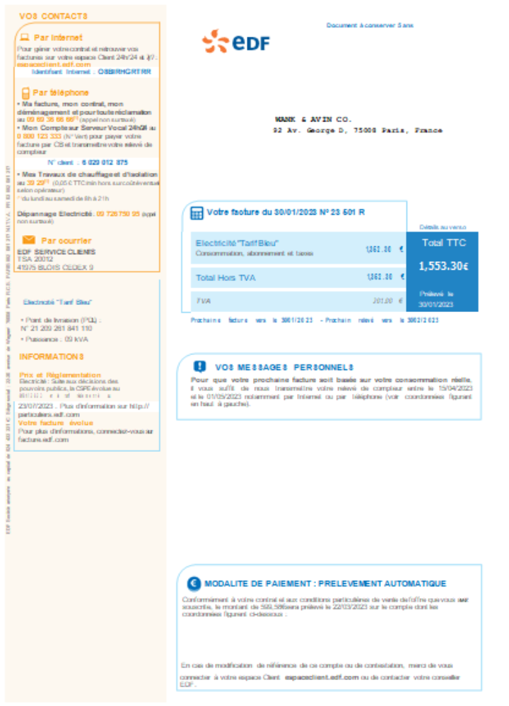 Editierbare Herunterladen EDF Frankreich Strom Utility Geschäftlich Bill SCR Photoshop Vorlage