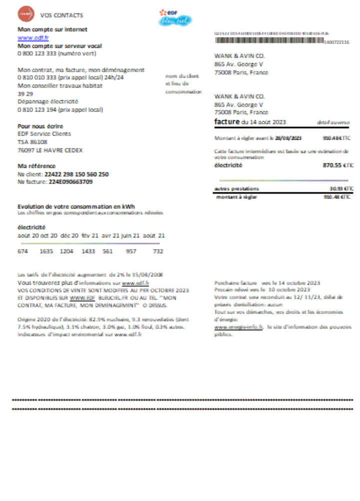 Realistische Herunterladen EDF Frankreich Nachweis von Adresse Utility Geschäftlich Bill, SCR Photoshop Vorlage