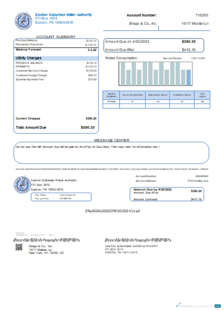 Realistische Herunterladen Easton Suburban Wasser Behörde Utility Geschäftlich Bill, SCR Photoshop Vorlage