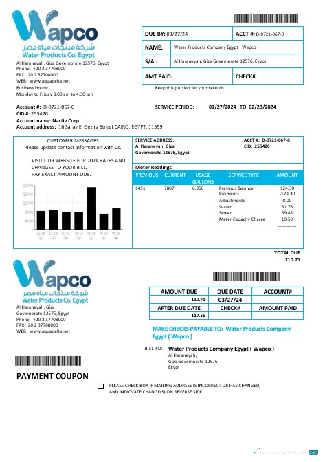 Realistische Herunterladen Ägypten Wasser Products Unternehmen Ägypten Wapco Geschäftlich Nebenkostenabrechnung Vorlage Photoshop Vorlage