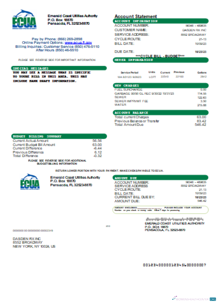 Editierbare Herunterladen Emerald Coast Utilities Behörde (ECUA) Utility Geschäftlich Bill, SCR Photoshop Vorlage