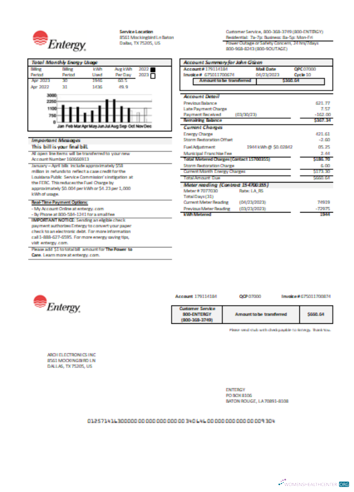 Professionelle Herunterladen Entergy Utility Geschäftlich Bill, Seite 1, SCR Photoshop Vorlage