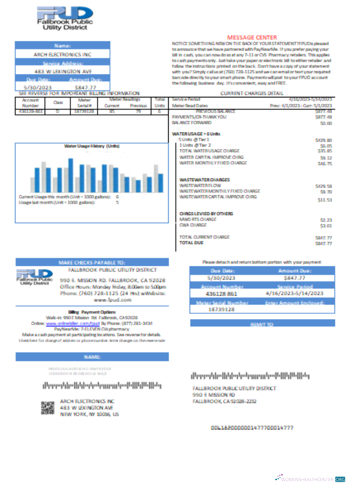 Realistische Herunterladen Fallbrook Öffentlich Utility Bezirk Utility Geschäftlich Bill, SCR Photoshop Vorlage