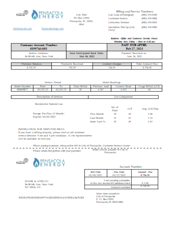 Editierbare Herunterladen Florida Pensacola Energy Utility Geschäftlich Bill, SCR Photoshop Vorlage