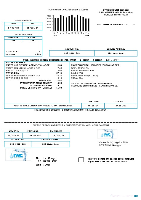 Professionelle Herunterladen Georgien RWC Wasser Geschäftlich Bill Vorlage in Word und PDF Formats1 Photoshop Vorlage