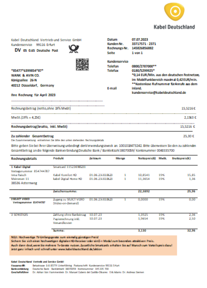 Professionelle Herunterladen Deutschland TV Cabel Utility Geschäftlich Bill, SCR Photoshop Vorlage