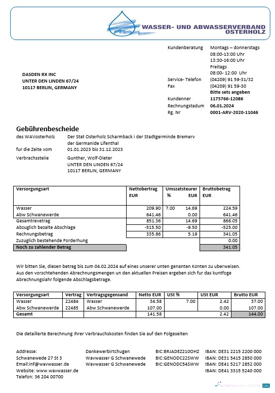 Realistische Herunterladen Deutschland Wavwasser Geschäftlich Nebenkostenabrechnung Vorlage in Word und PDF Formats Photoshop Vorlage
