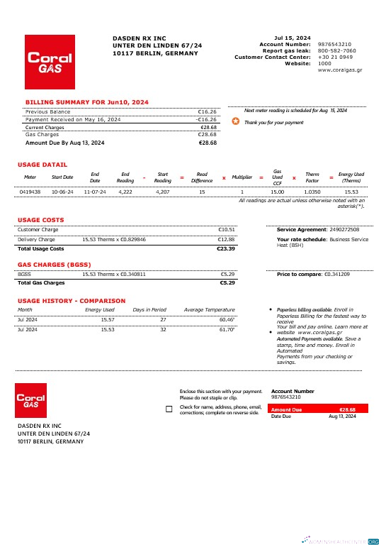 Hochwertige Herunterladen Griechenland CORAL Gas Geschäftlich Nebenkostenabrechnung Vorlage in Word und PDF Formats Photoshop Vorlage