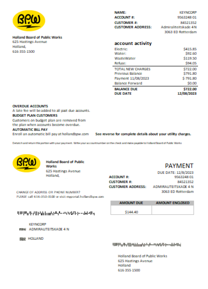 Professionelle Herunterladen Holland BPW Utility Geschäftlich Bill, SCR Photoshop Vorlage