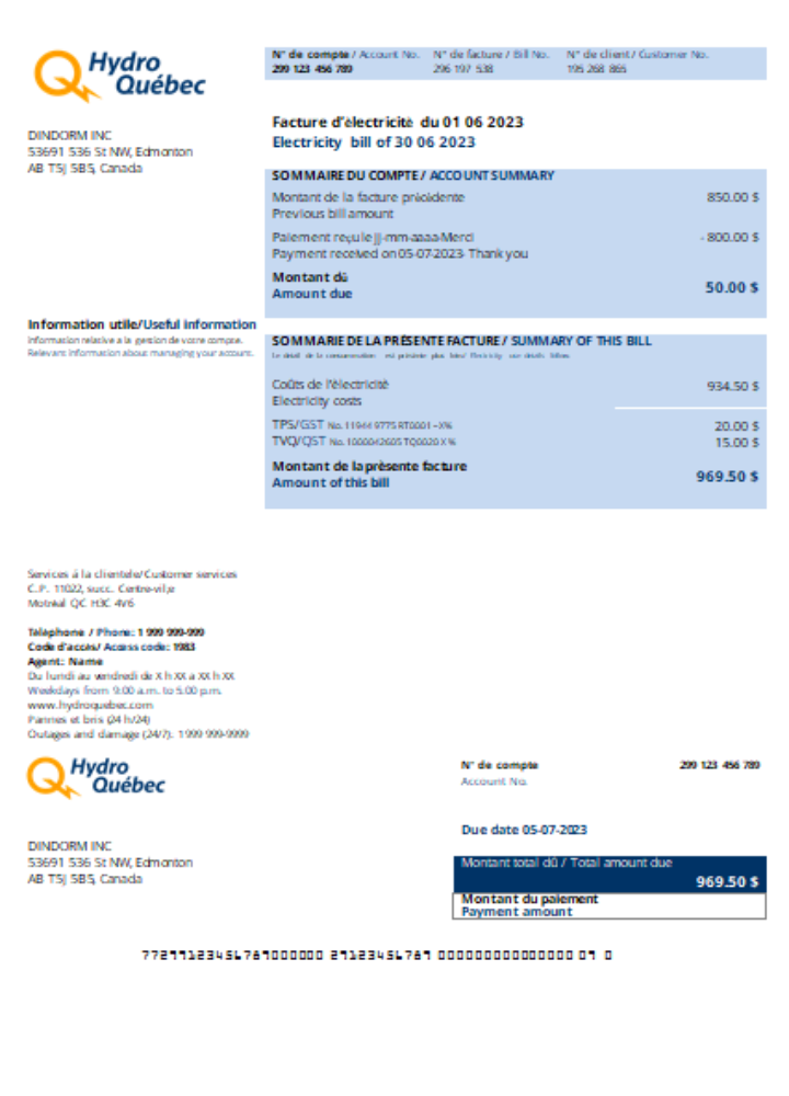 Hochwertige Herunterladen Hydro Québec Utility Geschäftlich Bill, SCR Photoshop Vorlage