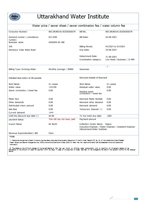 Realistische Herunterladen Indien UTTARAKHAND Wasser Geschäftlich Nebenkostenabrechnung Word und PDF Vorlage Photoshop Vorlage