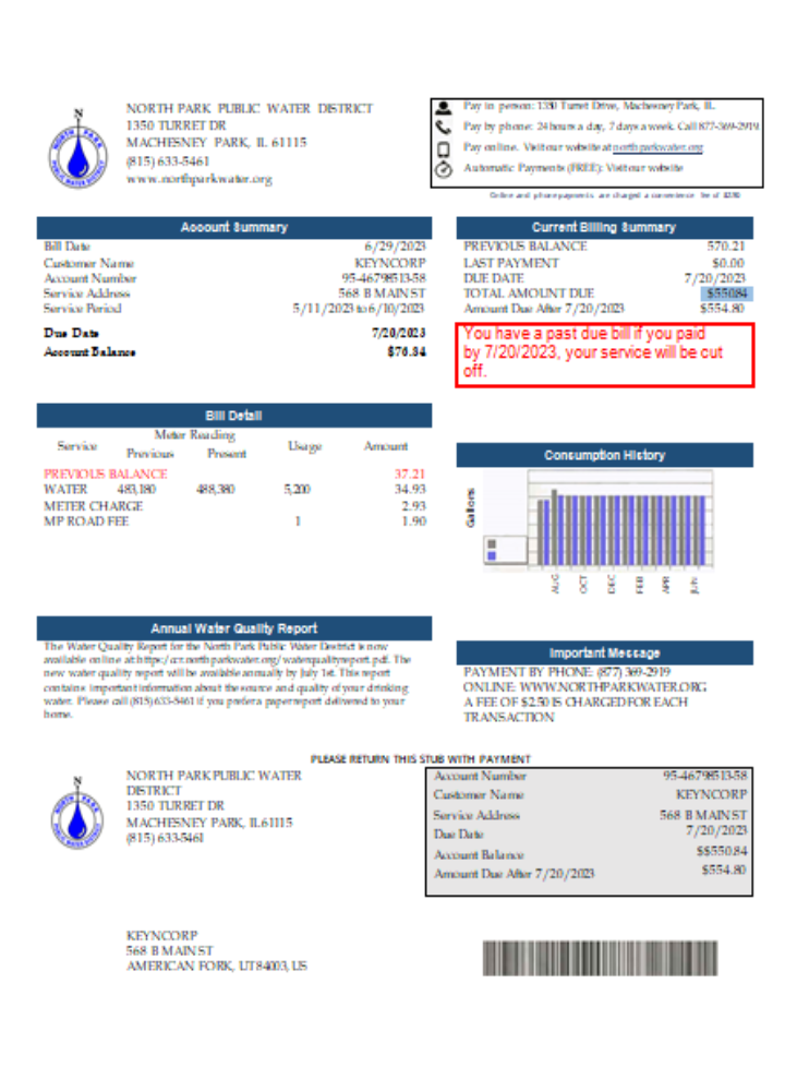 Professionelle Herunterladen Illinois Nord Park Öffentlich Wasser Bezirk IL Utility Geschäftlich Bill, SCR Photoshop Vorlage
