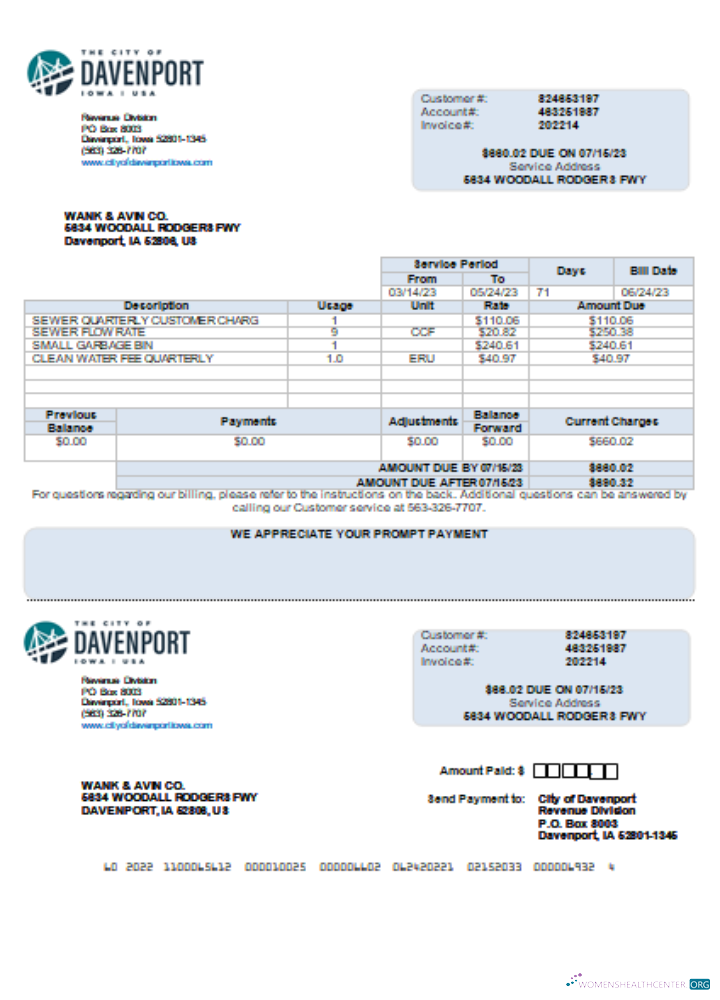 Hochwertige Herunterladen Iowa Stadt von Davenport Utility Geschäftlich Bill, Word und PDF Vorlage Scr Photoshop Vorlage
