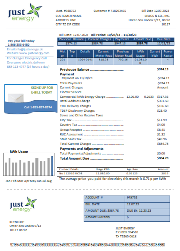 Editierbare Herunterladen Just Energy Utility Geschäftlich Bill, SCR Photoshop Vorlage
