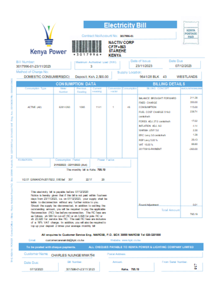 Editierbare Herunterladen Kenia Power Utility Geschäftlich Bill, SCR Photoshop Vorlage