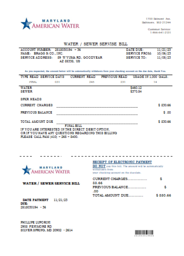 Editierbare Herunterladen Maryland American Wasser Co Utility Geschäftlich Bill, SCR Photoshop Vorlage