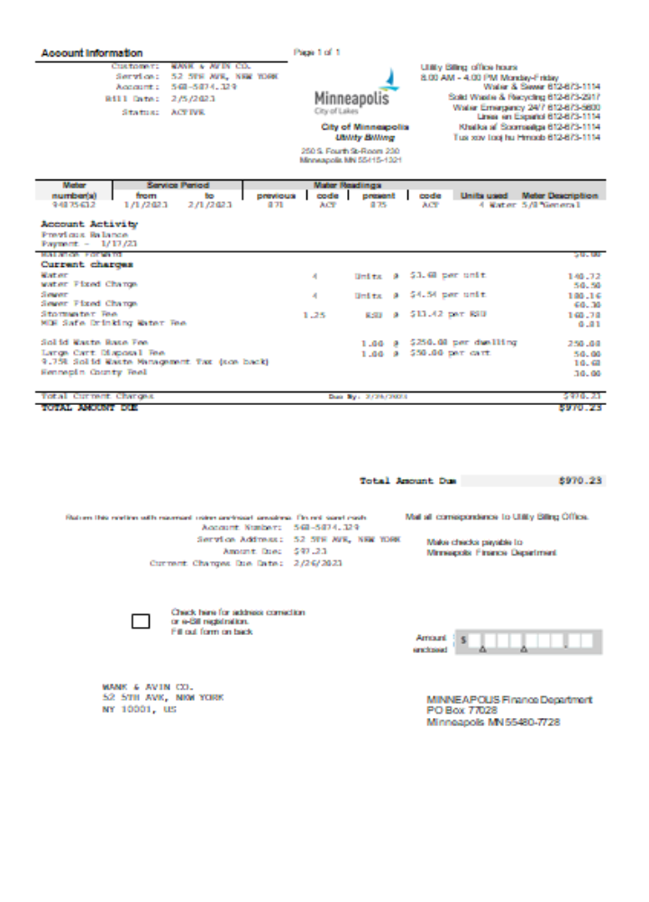 Hochwertige Herunterladen Minneapolis Stadt von Lakes Utility Geschäftlich Bill, SCR Photoshop Vorlage