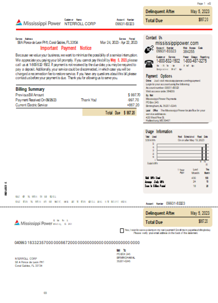 Premium Herunterladen Mississippi Power Utility Geschäftlich Bill, Seite 1, SCR Photoshop Vorlage