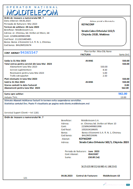 Professionelle Herunterladen Moldtelecom Utility Geschäftlich Bill, SCR Photoshop Vorlage