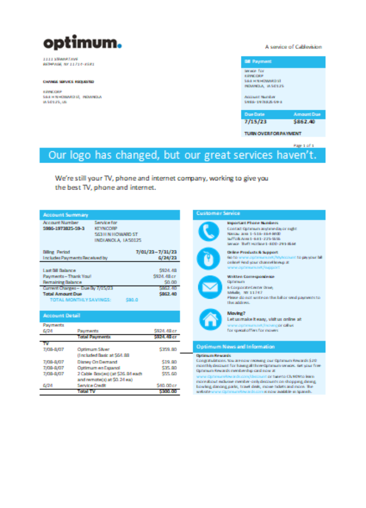 Premium Herunterladen Neu York Optimum Cablevision Geschäftlich Bill, SCR Photoshop Vorlage
