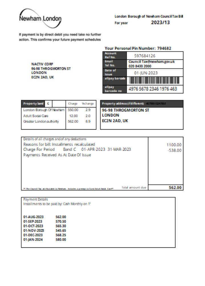 Editierbare Herunterladen Newham London Borough Council Tax Geschäftlich Bill, SCR Photoshop Vorlage