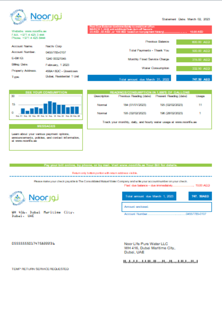 Realistische Herunterladen Noor Life Pure Wasser LLC Utility Geschäftlich Bill, SCR Photoshop Vorlage