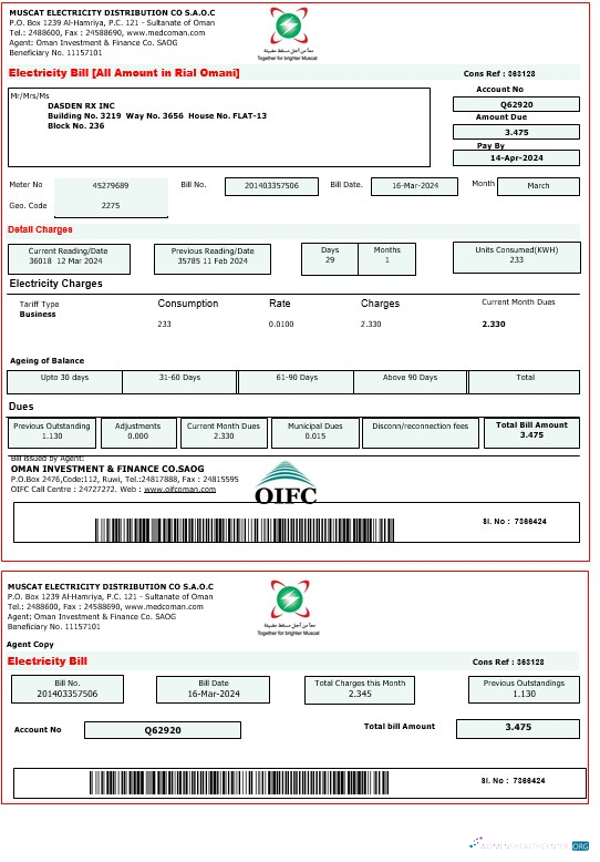 Editierbare Herunterladen Oman MUSCAT Strom Geschäftlich Nebenkostenabrechnung Word und PDF Vorlage Photoshop Vorlage