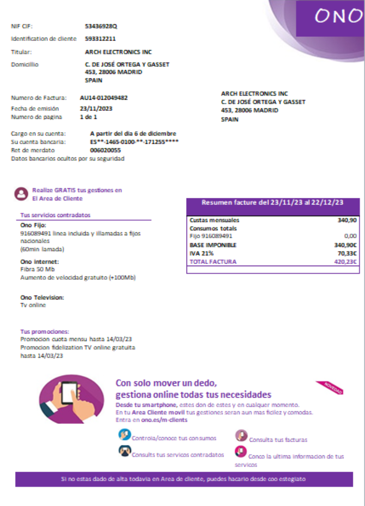 Hochwertige Herunterladen ONO (Spanien) Utility Geschäftlich Bill, SCR Photoshop Vorlage