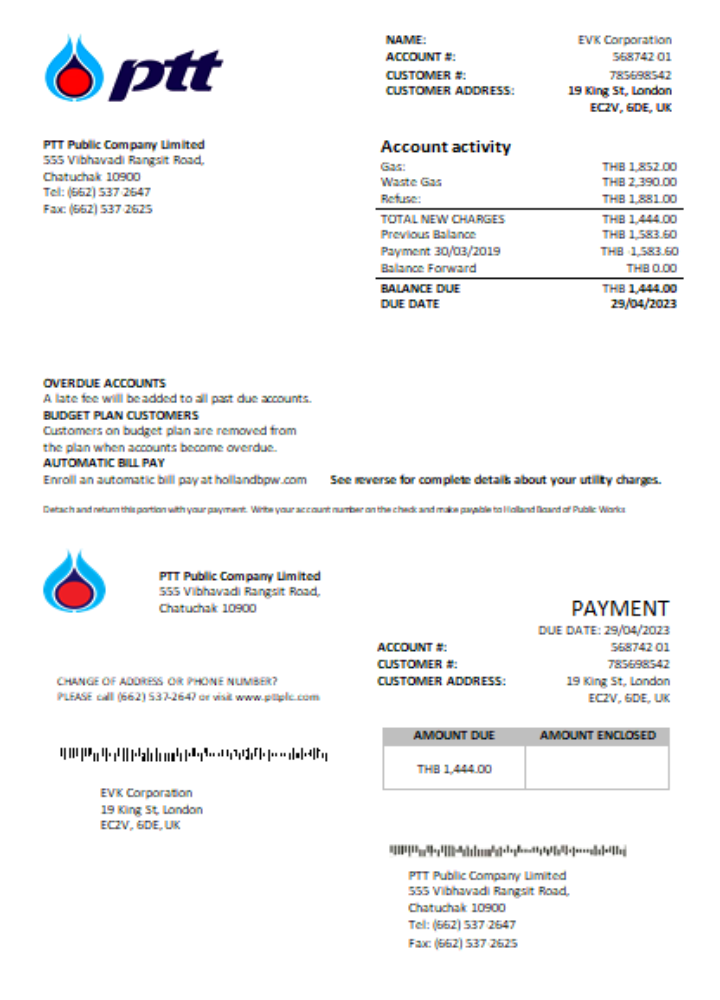 Realistische Herunterladen PTT Gas Utility Geschäftlich Bill SCR Photoshop Vorlage