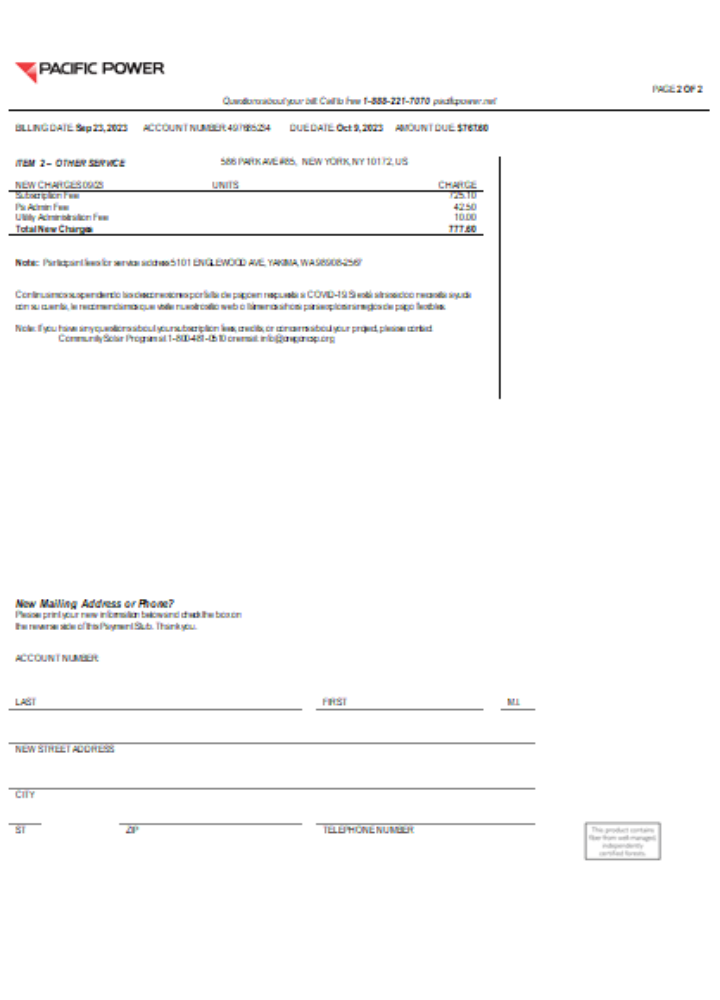 Editierbare Herunterladen Pacific Power Utility Geschäftlich Bill, Seite 2, SCR Photoshop Vorlage