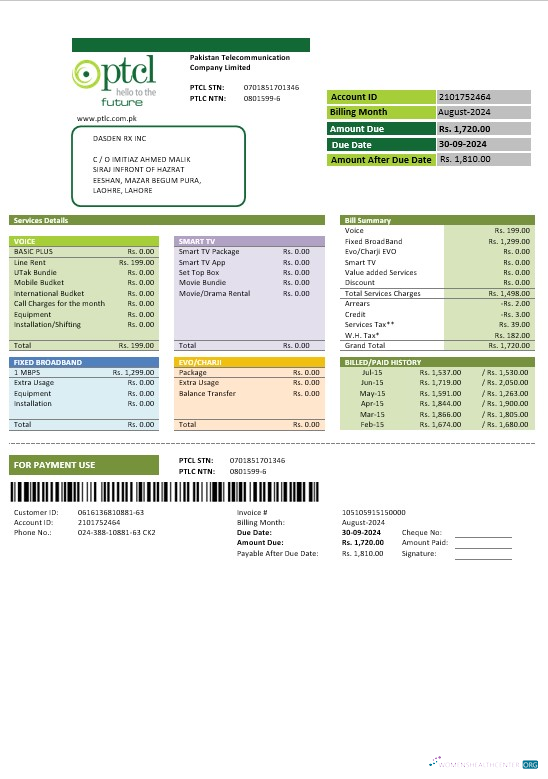 Professionelle Herunterladen Pakistan PTCL Geschäftlich Nebenkostenabrechnung Vorlage in Word und PDF Formats Photoshop Vorlage